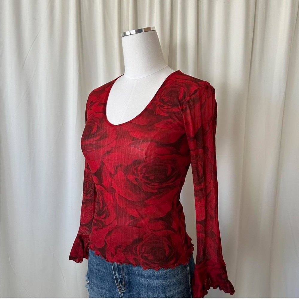 Vintage Y2K Therapy by Cheryl Taylor Red floral mesh top fairy grunge - Picture 4 of 9